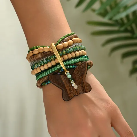 Juego de Pulseras de Abalorios de Varias Capas Bohemias para Mujer Cuentas de Madera Cristal Artificial Colgante Mariposa