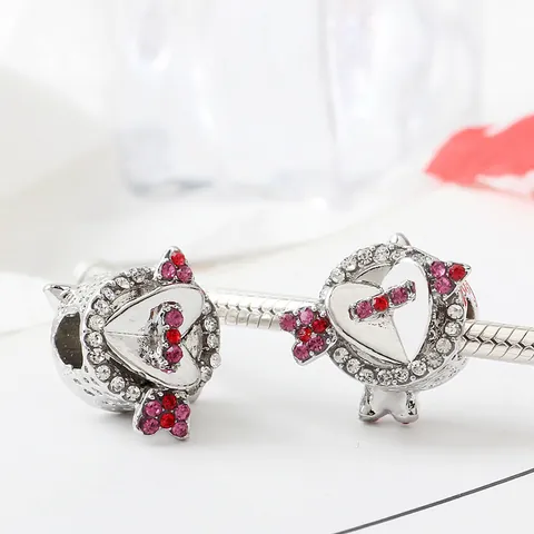 Alloy Cupid's Arrow Heart Charm Bead With Pink White Rhinestone For DIY Bracelet Jewelry Making Valentine's Day Gift