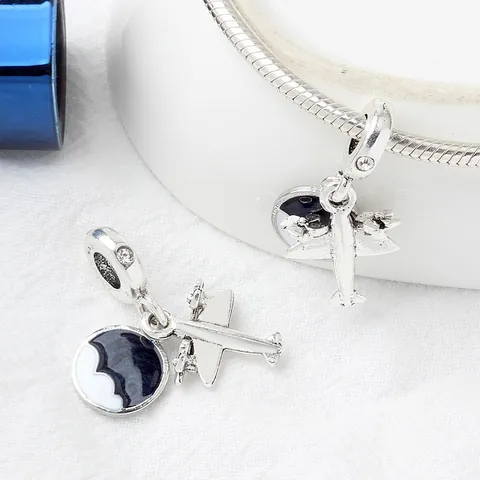 Fashion Silver Tone Alloy Propeller Airplane Pendant Charm With Blue Enamel Disc And Zirconia For DIY Bracelet Women Jewelry
