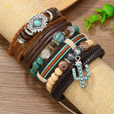 Boheems Meerlaags Kunstleer Houten Kralen Armband Gevlochten Koord Met Kaktus Turkoois Bedeltjes Etnische Sieraden Voor Heren Dames