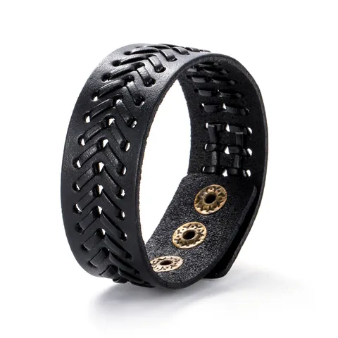 Retro Handgemaakte Gevlochten Leren Armband Met Legering Drukknopen Punk Stijl Verstelbare Brede Polsband Voor Mannen Vrouwen Sieraden