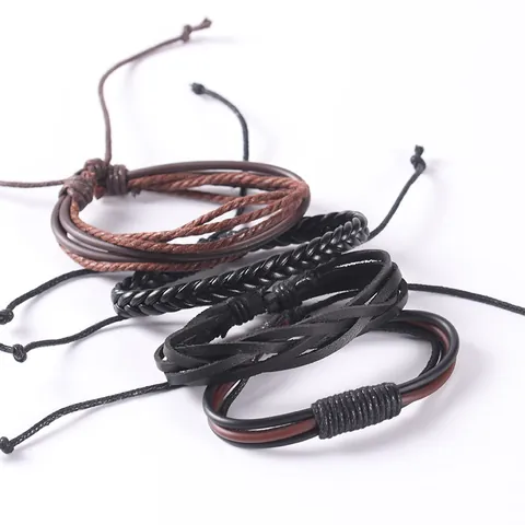 Set di Bracciali in Pelle Intrecciata Multistrato da Uomo Retro Punk Vintage Fatto a Mano Regolabile Ciondolo Lega Gioielli
