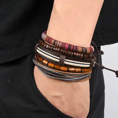 16Pcs Men Braided PU Leather Bracelet Set Handmade Ethnic Retro Wood Bead Adjustable Multilayer Bohemian Style Jewelry Gift