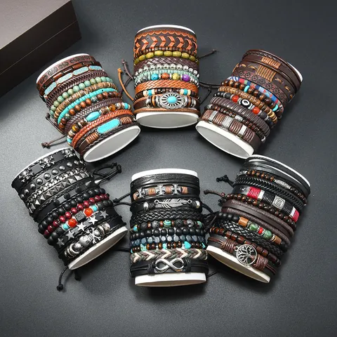 Set di Bracciali in Pelle Multistrato Intrecciata retrò per Uomo Donna Stile Punk Bohemian Con Ciondolo Albero Della Vita Teschio Piuma Gioielli