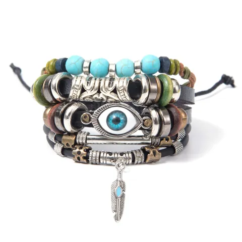 Vintage Bohemian Multilayer Leather Bracelet Set For Men Women Evil Eye Feather Owl Anchor Turquoise Beaded Punk Wrap Wristband Jewelry