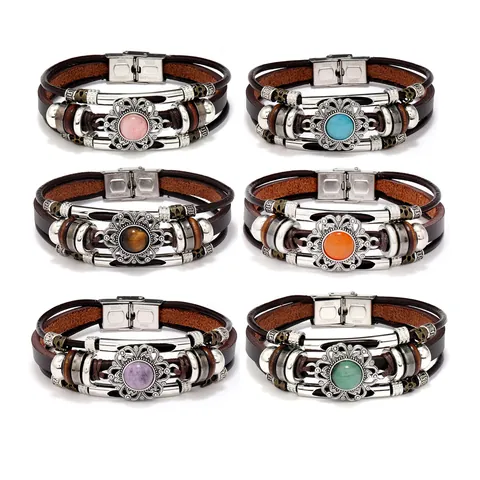 Bracciale in Pelle Multistrato Vintage Uomo Donna Chiusura in Acciaio Inossidabile con Pietra Naturale Gioielli Punk Bohemian