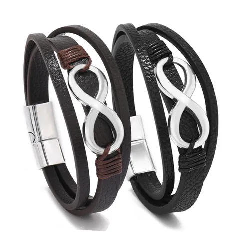 Vintage Punk Multi-layer Braided Leather Bracelet With Infinity Symbol Alloy Magnetic Clasp Unisex Wrap Bangle Fashion Jewelry