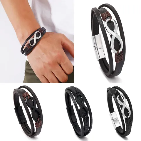 Vintage Punk Multi-layer Braided Leather Bracelet With Infinity Symbol Alloy Magnetic Clasp Unisex Wrap Bangle Fashion Jewelry