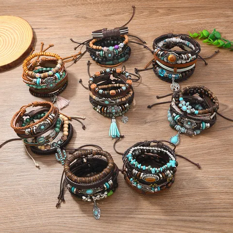Set di Bracciali Multistrato in Pelle Boema Per Uomo Donna Gioielli Vintage Etnici Fatti a Mano Con Perline in Legno