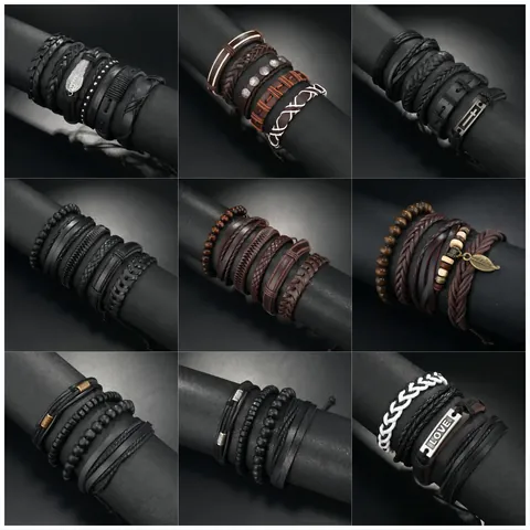 Set di Braccialetti in Pelle Multistrato da Uomo Retro Punk Corda Intrecciata Ciondolo Ala Stella Croce Foglia Gioielli