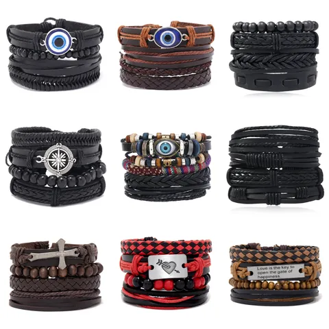 Bracciale in Pelle Punk Vintage Multistrato da Uomo Bracciale Intrecciato a Mano Con Ciondolo a Forma di Teschio Croce Ali Gioielli Bohémien Regalo