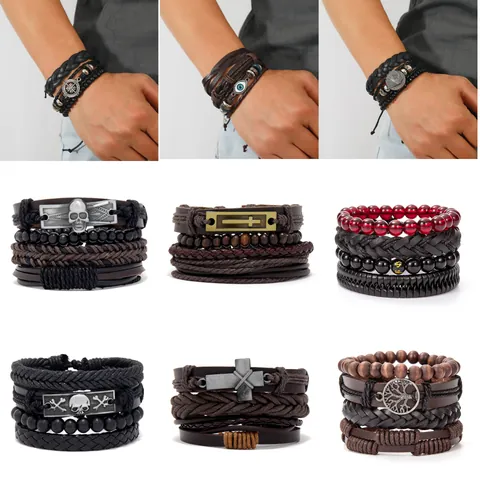 Bracciale in Pelle Punk Vintage Multistrato da Uomo Bracciale Intrecciato a Mano Con Ciondolo a Forma di Teschio Croce Ali Gioielli Bohémien Regalo