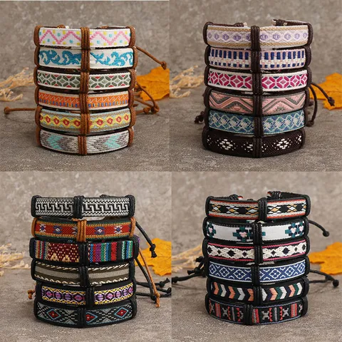 Braccialetti dell'Amicizia Intrecciati Bohémien Fatti a Mano Modello Etnico Regolabile in Pelle PU Cordino Cerato per Gioielli da Donna