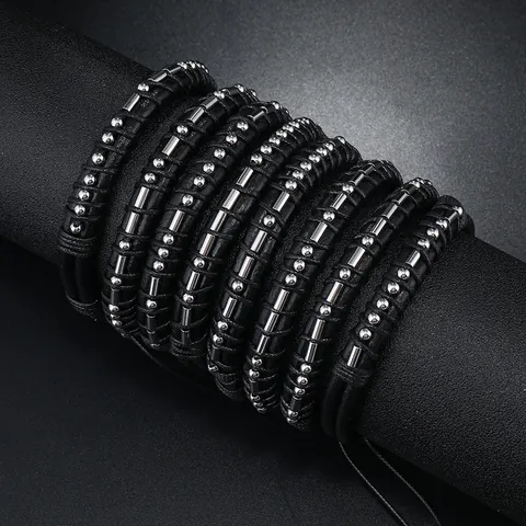 Bracciale Codice Morse Fatto a Mano per Uomo Donna Pelle Nera Perline in Acciaio Inossidabile Regolabile Gioielli Punk Vintage