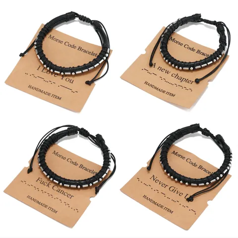 Bracciale Codice Morse Fatto a Mano per Uomo Donna Pelle Nera Perline in Acciaio Inossidabile Regolabile Gioielli Punk Vintage