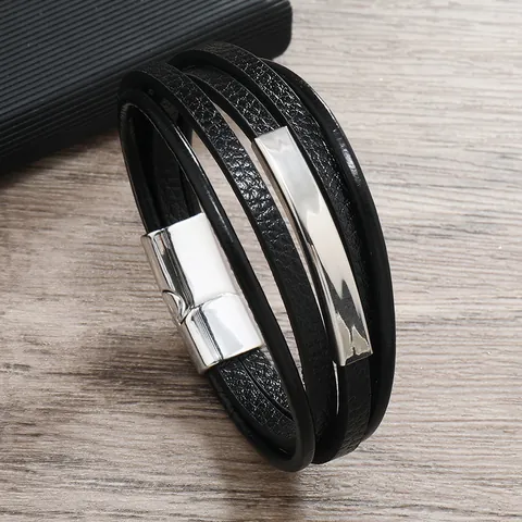 Bracciale da Uomo Multistrato in Pelle PU Fatto a Mano Con Barra in Metallo Lega Chiusura Magnetica Stile Punk Vintage Gioielli Casual Per Uomo
