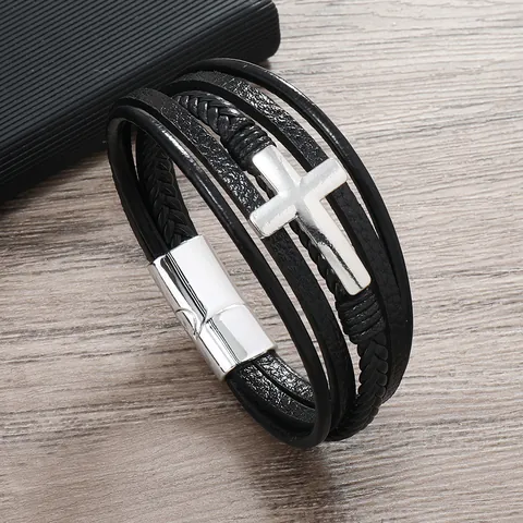 Bracciale da Uomo Multistrato in Pelle PU Con Croce Chiusura Magnetica Intrecciato Stile Punk Gioielli Alla Moda Accessorio Quotidiano