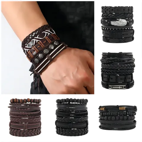 Set di Braccialetti in Pelle Multistrato da Uomo Retro Punk Corda Intrecciata Ciondolo Ala Stella Croce Foglia Gioielli