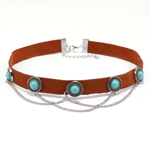 Bohemian Vintage Velvet Choker Necklace With Alloy Chain Tassel Turquoise Stone Round Pendant Punk Jewelry For Women
