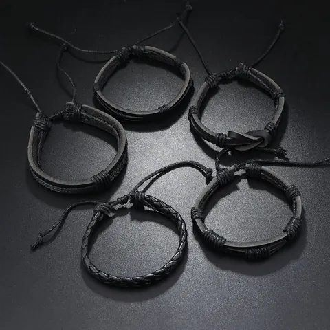 Vintage Black Braided PU Leather Multilayer Bracelet Set For Men Women Infinity Knot Adjustable Handwoven Punk Wristband Jewelry