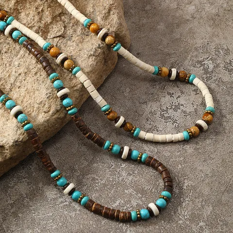 Bohemian Retro Handmade Beaded Necklace With Wood Coconut Shell Synthetic Turquoise Alloy Ethnic Jewelry For Men Women
