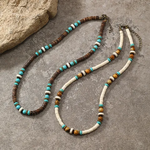 Bohemian Retro Handmade Beaded Necklace With Wood Coconut Shell Synthetic Turquoise Alloy Ethnic Jewelry For Men Women