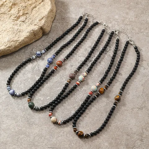 Collana in Pietra Naturale con Perline Fatte a Mano per Uomo Punk Hip Hop Perline Nere Opache Occhio di Tigre Agata Catena Regolabile Gioielli Regalo