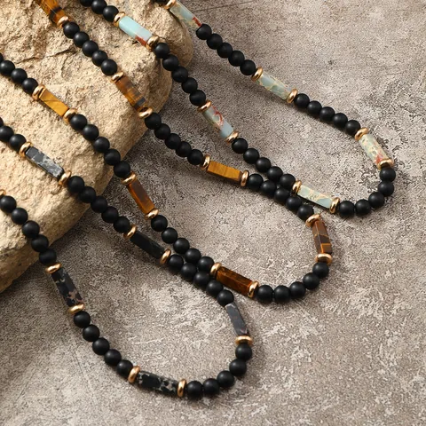 Collana da Uomo in Pietra Naturale con Perline Nere Vintage Stile Punk Hip Hop Gioielli Fatti a Mano in Diaspro Occhio di Tigre Regalo Regolabile