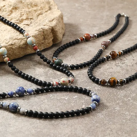Collana in Pietra Naturale con Perline Fatte a Mano per Uomo Punk Hip Hop Perline Nere Opache Occhio di Tigre Agata Catena Regolabile Gioielli Regalo