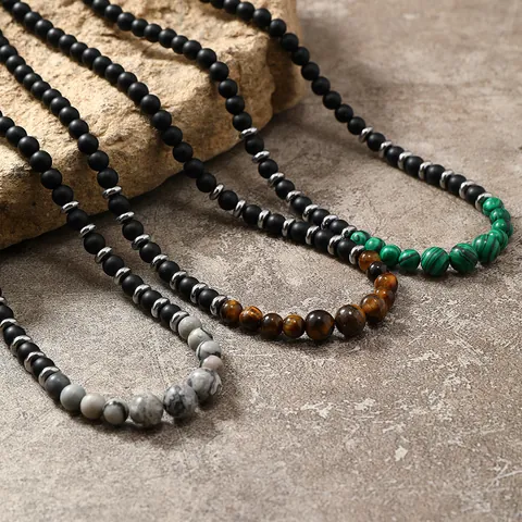 Herren Naturstein Perlenhalskette Mattierte Schwarze Perlen Punk Hip Hop Schmuck Mit Tigerauge Malachit Legierung Verlängerung