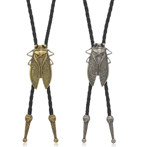 Vintage Cicada Bolo Tie For Men Women Retro Alloy Insect Pendant With Braided Leather Cord Western Cowboy Style Necklace