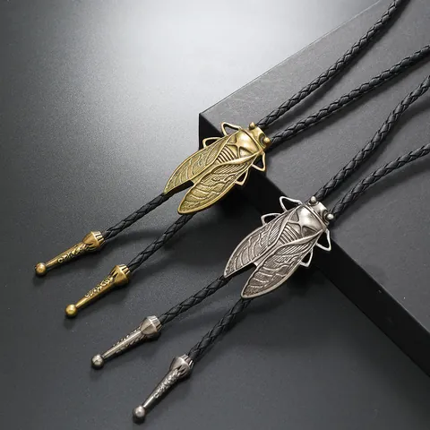 Vintage Cicada Bolo Tie For Men Western Cowboy Necktie Antique Bronze Silver Alloy Cicada Pendant Braided PU Leather Rope Punk Jewelry