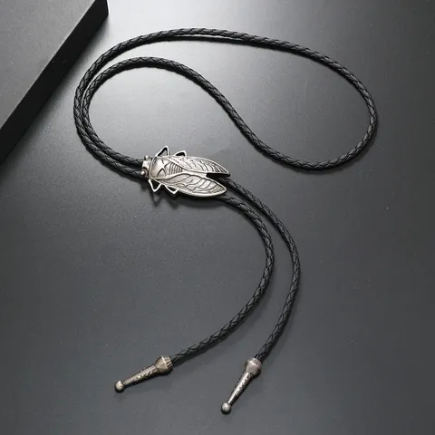 Vintage Cicada Bolo Tie For Men Western Cowboy Necktie Antique Bronze Silver Alloy Cicada Pendant Braided PU Leather Rope Punk Jewelry