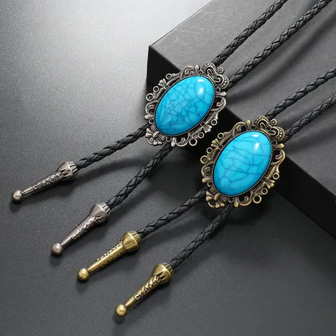 Retro Punk Türkis Blumen Anhänger Bolo Tie Für Herren Damen Antik Silber Bronze Western Cowboy Geflochtenes Seil Verstellbare Halskette Schmuck