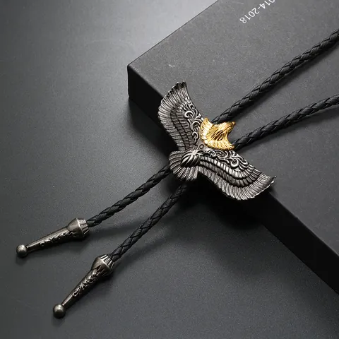 Vintage Western Cowboy Bolo Tie Zinc Alloy Eagle Navy Commemorative Coin Pendant PU Leather Braided Cord Necklace Unisex Retro Jewelry