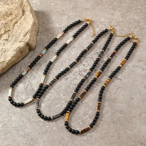 Collana da Uomo in Pietra Naturale con Perline Nere Vintage Stile Punk Hip Hop Gioielli Fatti a Mano in Diaspro Occhio di Tigre Regalo Regolabile