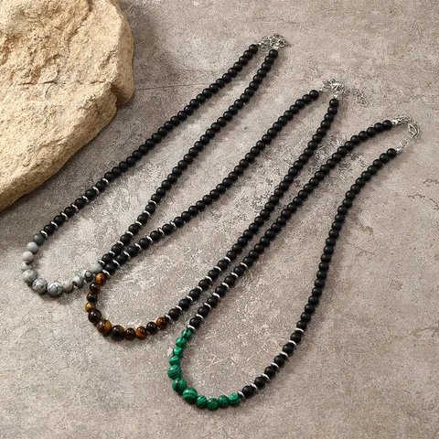 Herren Naturstein Perlenhalskette Mattierte Schwarze Perlen Punk Hip Hop Schmuck Mit Tigerauge Malachit Legierung Verlängerung