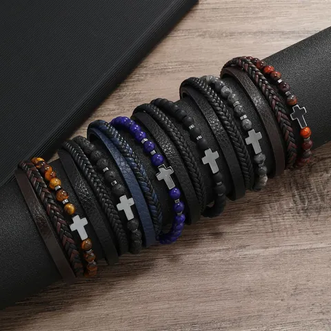 Bracciale Multistrato Uomo Retrò Perline in Pietra Naturale Fatte a Mano Corda Intrecciata in Pelle Pendente Croce Acciaio Inossidabile Gioielli