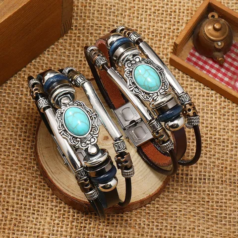 Herren Vintage Lederarmband Edelstahl Magnetverschluss Künstlicher Türkis Boho Ethnisch Punk Mehrlagiges Wickelarmband Schmuck