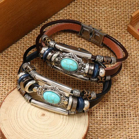 Herren Vintage Lederarmband Edelstahl Magnetverschluss Künstlicher Türkis Boho Ethnisch Punk Mehrlagiges Wickelarmband Schmuck