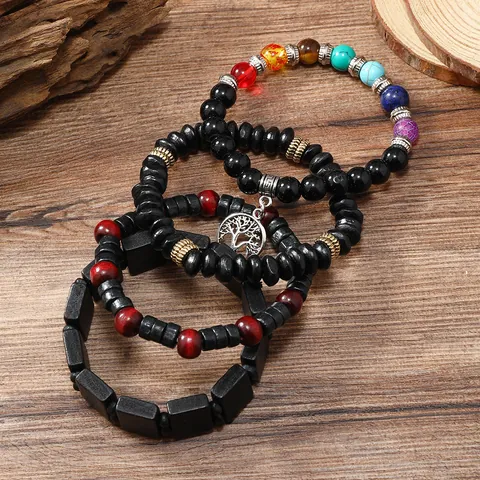 Retro Multilayer Wood Bead Beaded Bracelet Bohemian Tree Of Life Pendant Seven Chakra Jewelry For Men Women Daily Wear