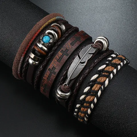 Retro Handgeweven Kunstleren Armband Set Voor Heren Met Veer Turkoois Metalen Bedeltjes Meerlaagse Koord Boheemse Sieraden
