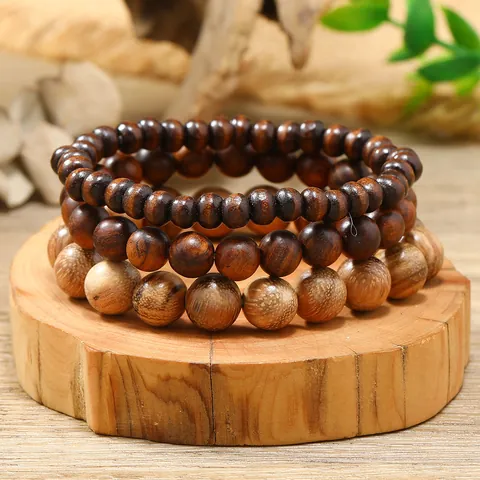 Juego de Pulseras de Cuentas de Madera Natural Peral Negro Agar de Vietnam Estilo Étnico Retro Pulsera Elástica para Hombre Mujer