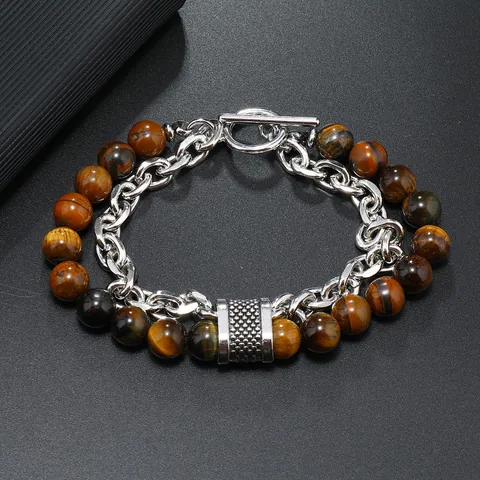 Bracciale Vintage da Uomo in Pietra Naturale Catena in Acciaio Inossidabile Occhio di Tigre Agata Gioielli Punk
