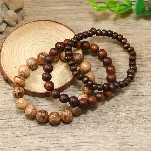 Juego de Pulseras de Cuentas de Madera Natural Peral Negro Agar de Vietnam Estilo Étnico Retro Pulsera Elástica para Hombre Mujer