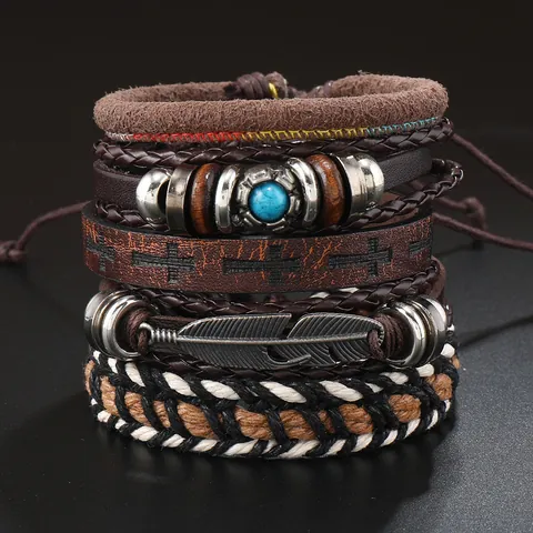 Retro Handgeweven Kunstleren Armband Set Voor Heren Met Veer Turkoois Metalen Bedeltjes Meerlaagse Koord Boheemse Sieraden