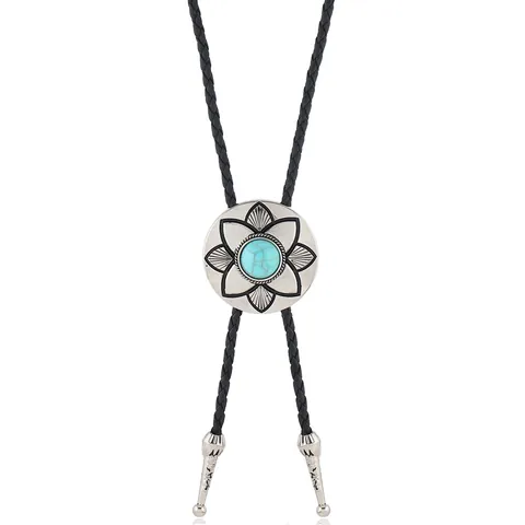 Vintage Western Cowboy Bolo Tie Retro Legierung Feder Blume Anhänger Halskette Mit Kunstleder Geflochtenem Seil Unisex Schmuck