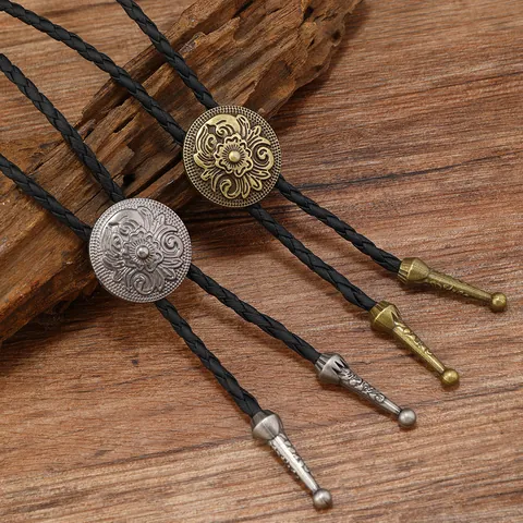 Vintage Western Cowboy Bolo Tie Alloy Floral Embossed Round Slider Black Braided PU Leather Cord Long Necklace For Men Women