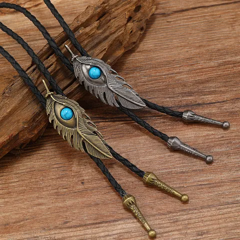 Vintage Turkoois Veer Legering Bloem Bolo Tie Halsketting Zwart PU Lederen Koord Verstelbare Western Cowboy Sieraden Voor Heren