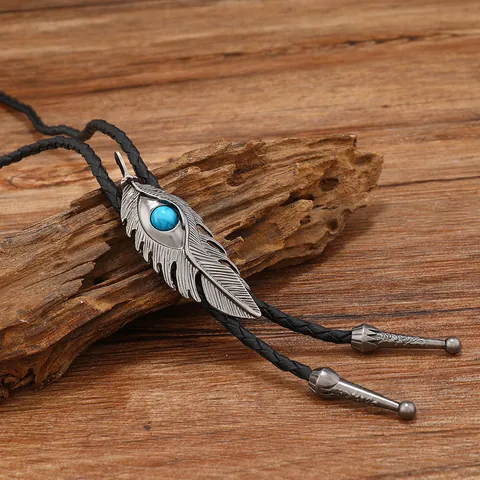 Vintage Turkoois Veer Legering Bloem Bolo Tie Halsketting Zwart PU Lederen Koord Verstelbare Western Cowboy Sieraden Voor Heren